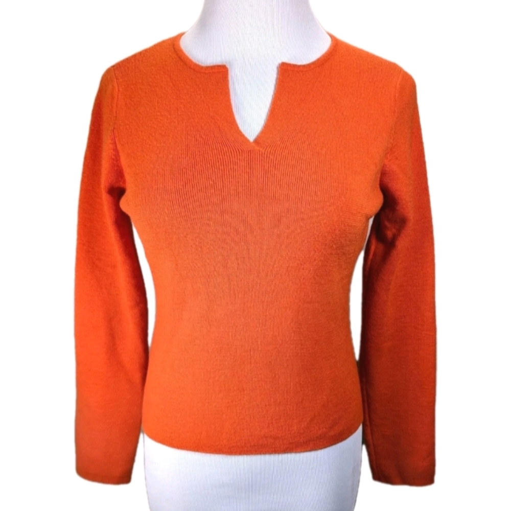 Anne Taylor Loft Orange Sweater Sz M Merino Cashmere Blend V Neck Fitted Layer